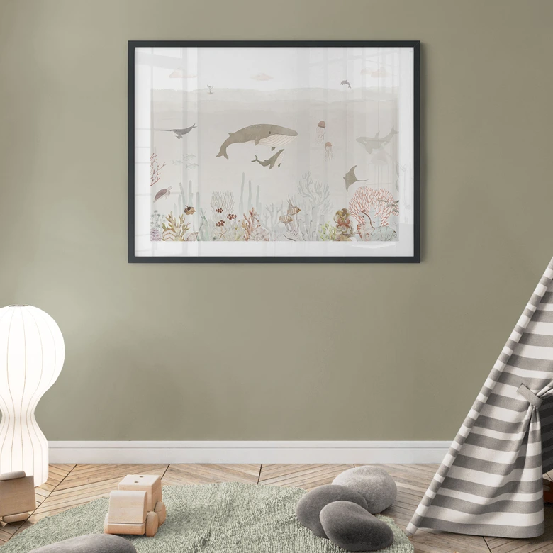 Póster Las ballenas y sus amigos en el mundo submarino - Póster infantil - Oliver Robins 