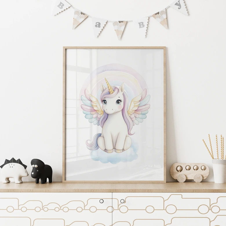 Poster med enhörning i pastell och regnbåge | Magisk mytisk varelse för barn 