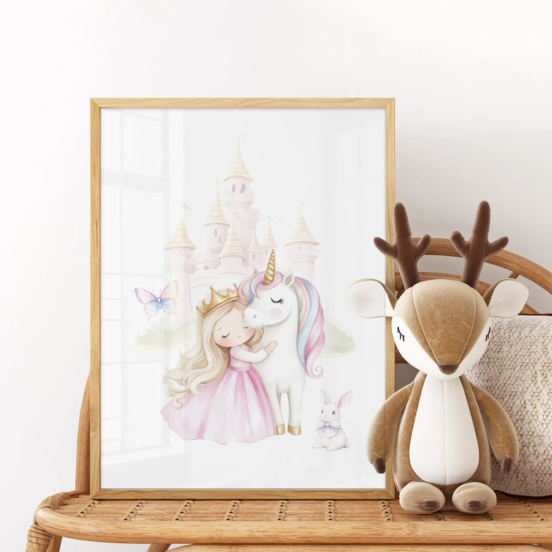 Poster für Kinder - Prinzessin und Einhorn im Märchen 