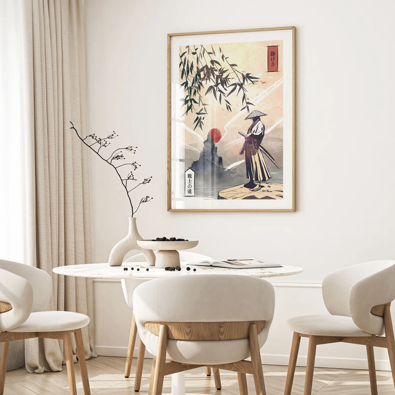 Plakat Samuraja z mieczem przed wschodem słońca - Roze 