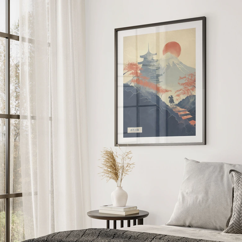 Poster Sonnenaufgang über der Pagode | Vintage Kunst Japan - Roze 