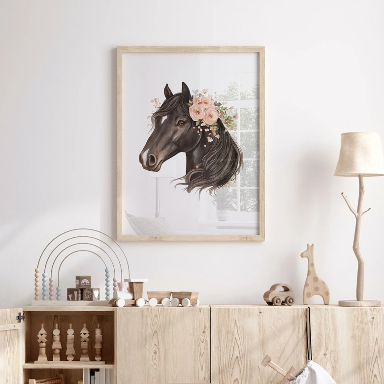 Póster boho negro de caballos con rosas | Póster infantil para amantes de los caballos  