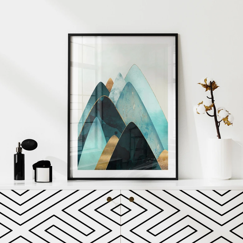 Poster Abstrakte Berge in Gold und Blau - SpaceFrog Designs 