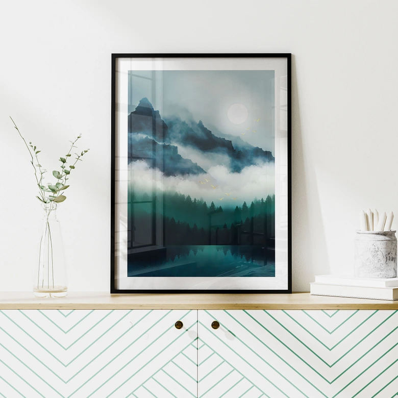 Poster Neblige Landschaft in der Nacht - SpaceFrog Designs 