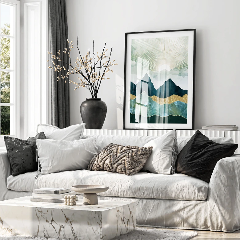 Poster Sonnige Landschaft in Blau und Gold - SpaceFrog Designs 