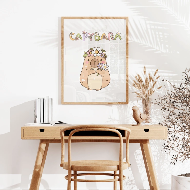 Poster Süßes Capybara mit Blumenkrone 