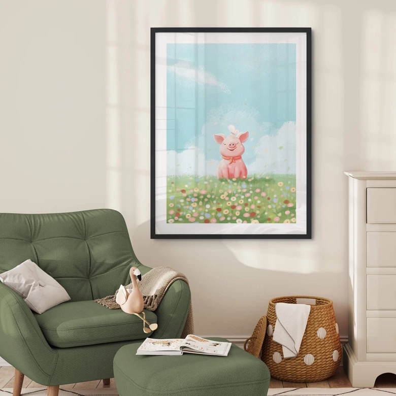 Poster Thaï - Petit cochon joyeux dans la prairie d'été 