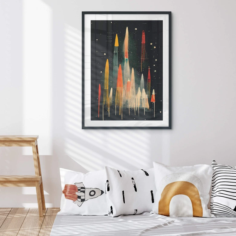 Póster Treechild - Cohetes de colores en un viaje galáctico 