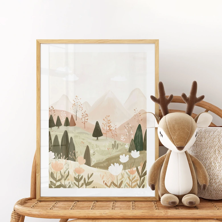 Poster pastellfärgat bergslandskap med blommor - Treechild 