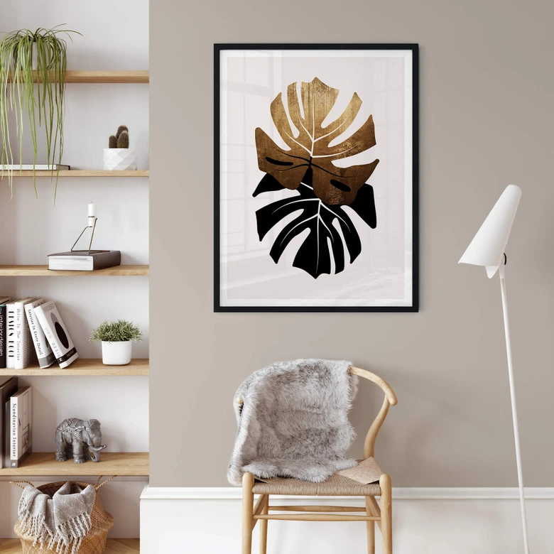 Poster Kubistika - Monsterablad i svart och guld 