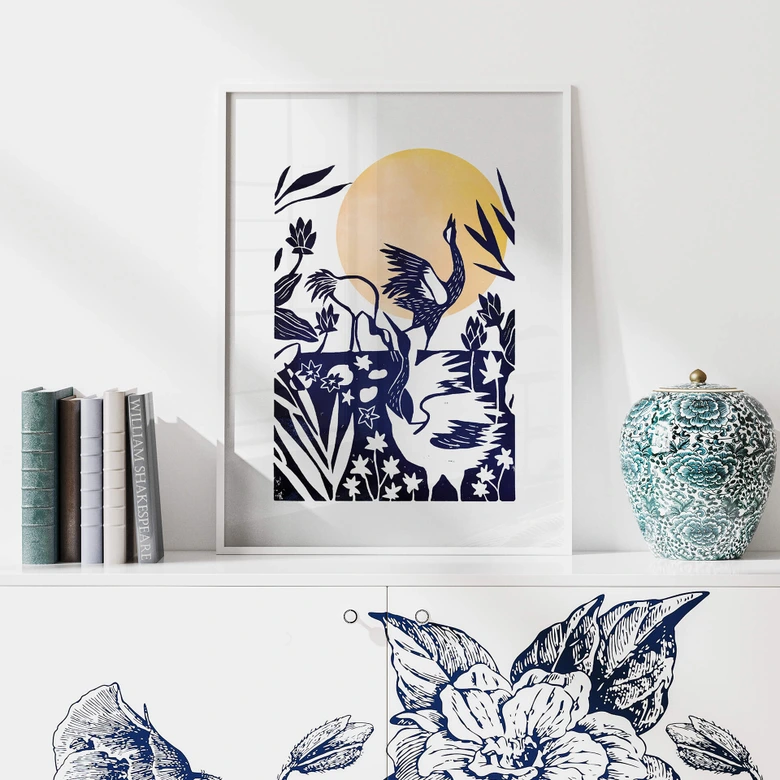 Poster Goed Blauw - Linolschnitt Kranich 