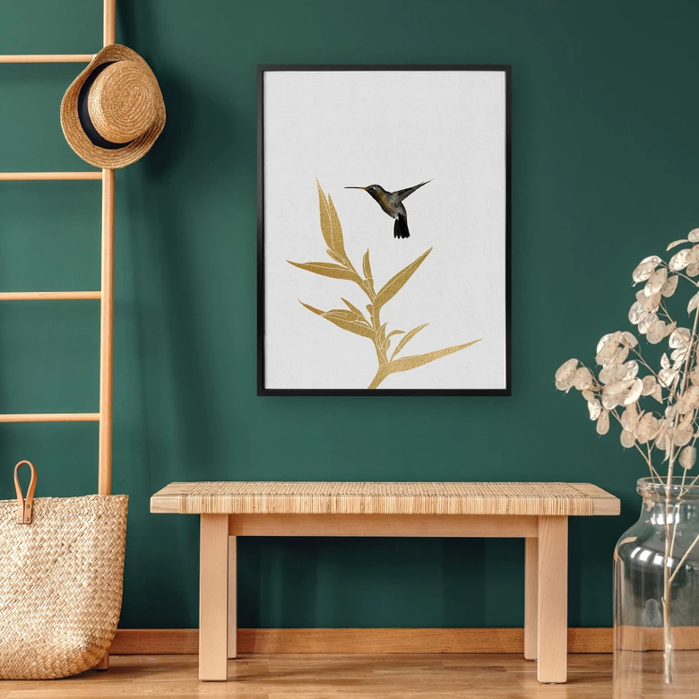 Poster Orara Studio - Hummingbird and Flower - goldene Pflanze 