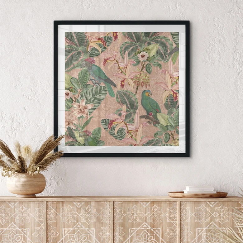 Póster Botánica Jungla con Loros Rosa - Decoración Floral - Cuadrado 