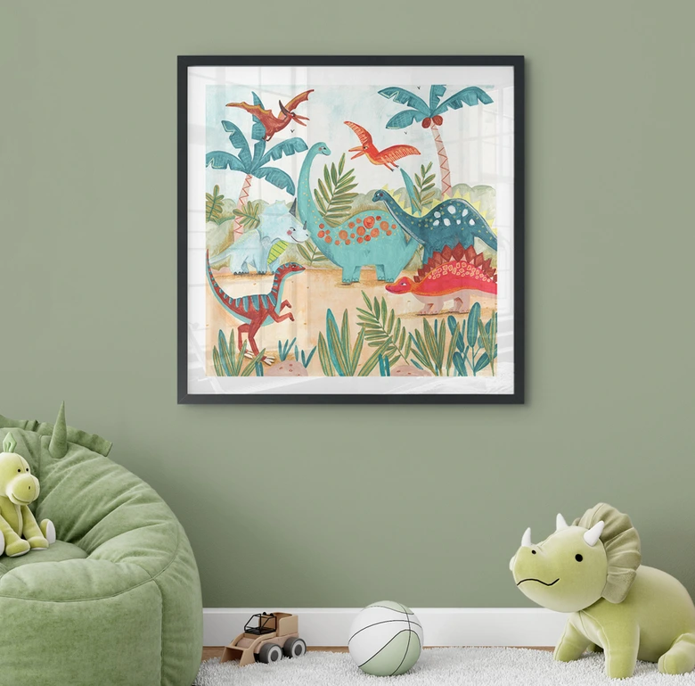Kinderposter Farbenfrohe Dinosaurier im Urzeitwald - Bonne Müller - Quadratisch 