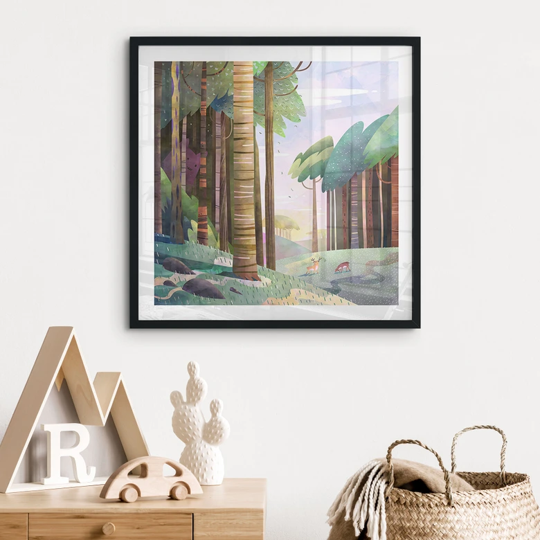 Poster Sonniger Wald mit Hirsch - DigitalArtsi 