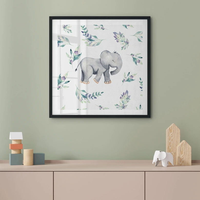 Plakat Sød babyelefant mellem boho-grene - UN Designs 