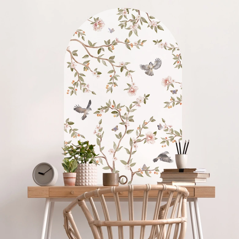 Wallsticker rundbue vægpanel rosenbusk med fugle - Kikki Belle - bred 