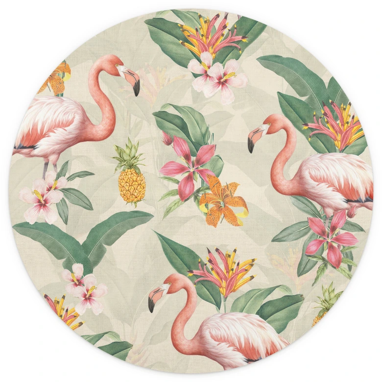 Fotomural de flamencos y hojas tropicales - Bloomery Decor - Redondo - Fotomural autoadhesivo/no tejido 