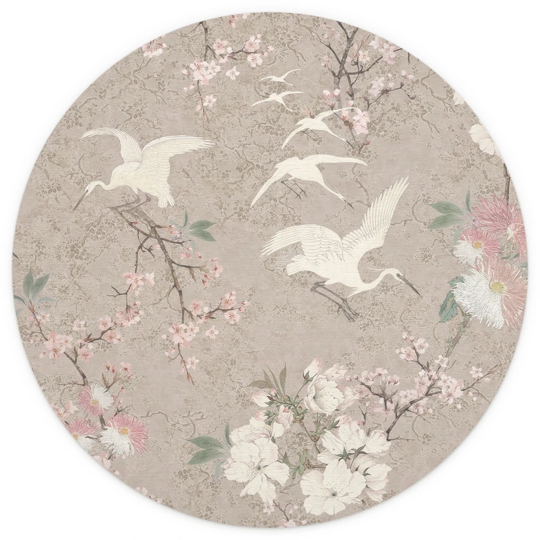 Fototapete Kraniche im Kirschblüten-Rausch Beige | Chinoiserie Tapete - Bloomery Decor - Rund - Selbstklebend/Vlies 