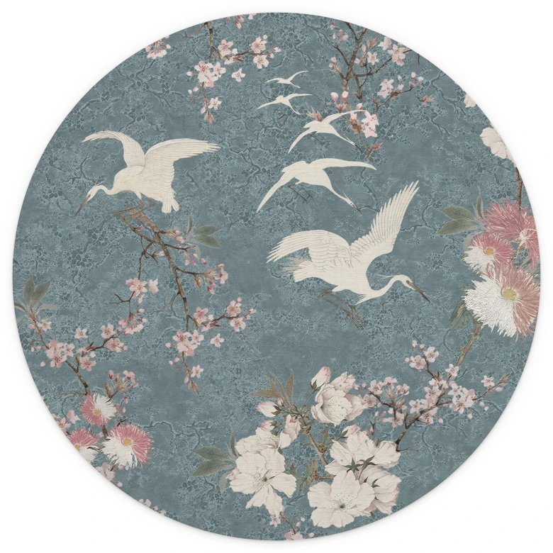 Fototapete Kraniche im Kirschblüten-Rausch Blau - Bloomery Decor - Rund - Selbstklebend/Vlies 