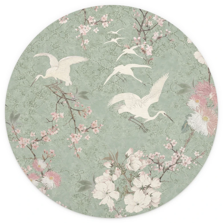 Fototapete Chinoiserie - Kraniche im Kirschblüten-Rausch Grün - Bloomery Decor - Rund - Selbstklebend/Vlies 