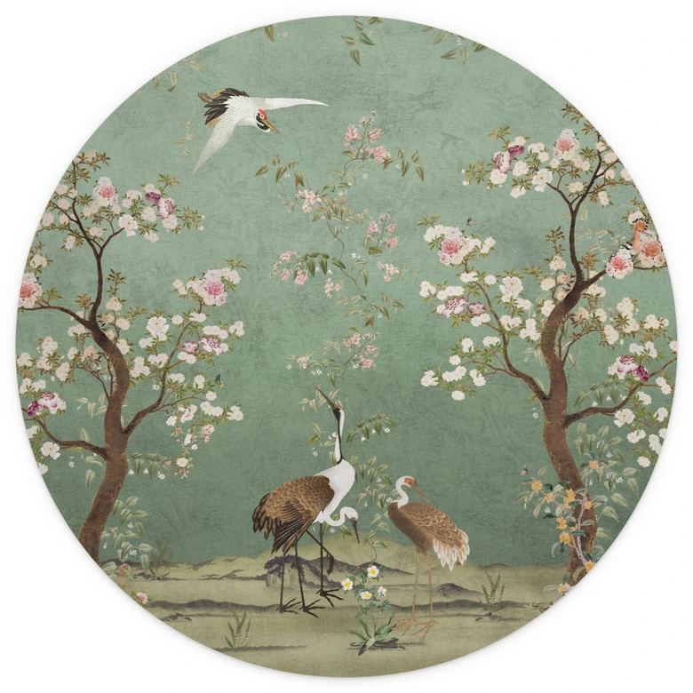 Fototapete Kraniche in floraler Landschaft - Bloomery Decor - Rund - Selbstklebend/Vlies 