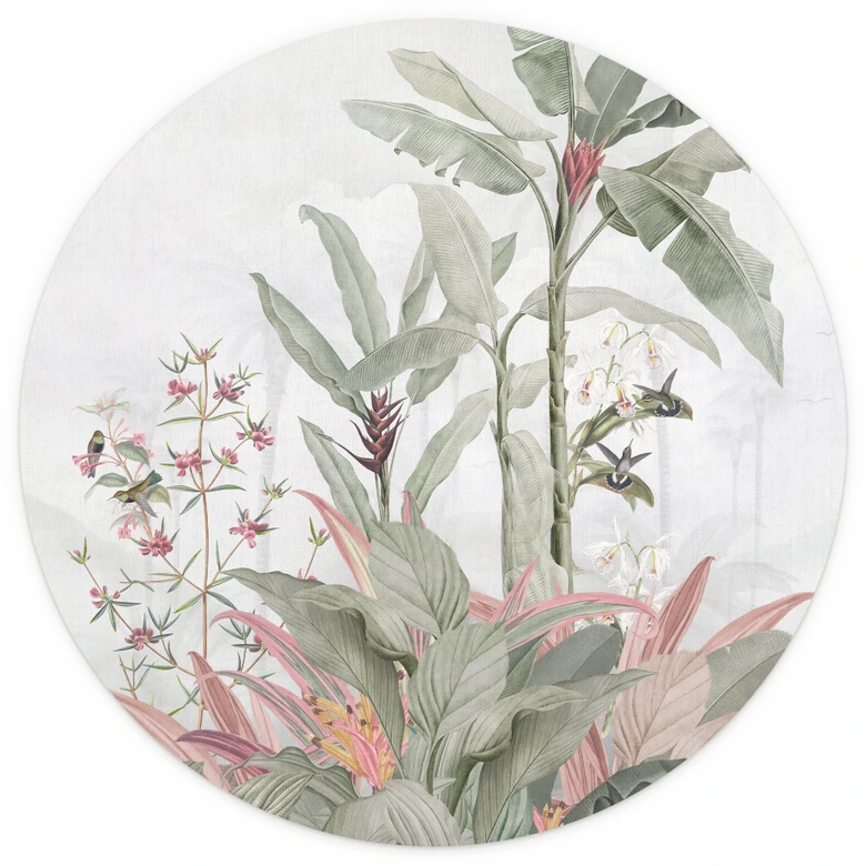 Fototapete Dschungeltapete Tropische Idylle mit Kolibri Blau - Bloomery Decor - Rund - Selbstklebend/Vlies 