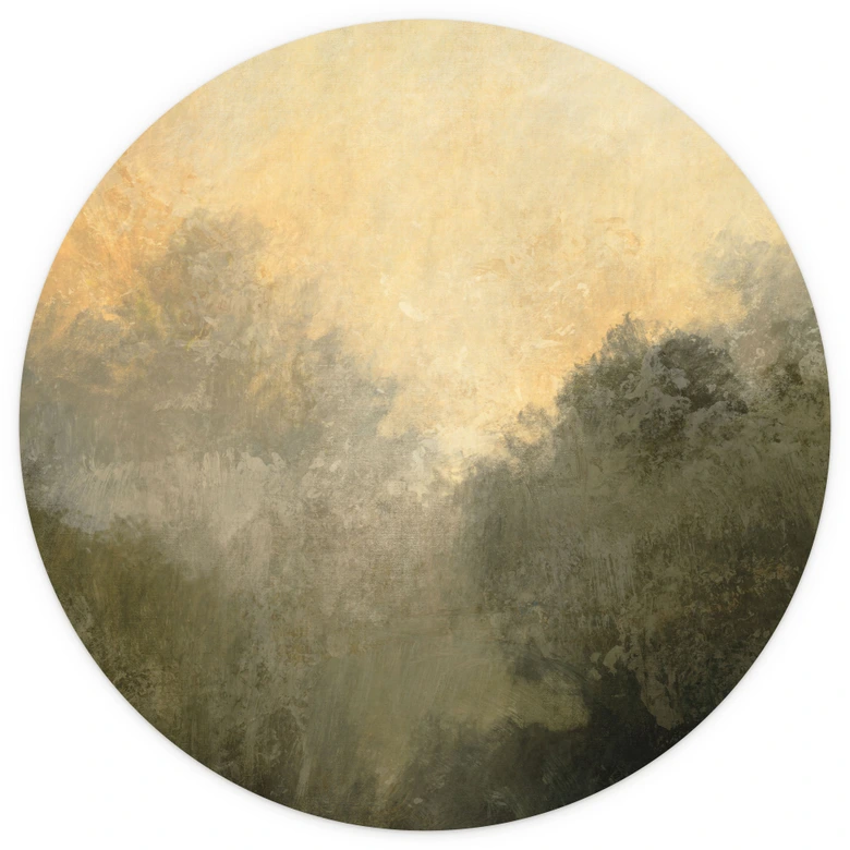 Fototapete Verborgenes Licht im Morgennebel | Minimalistische Landschaft - Hobday - Rund - Selbstklebend/Vlies 