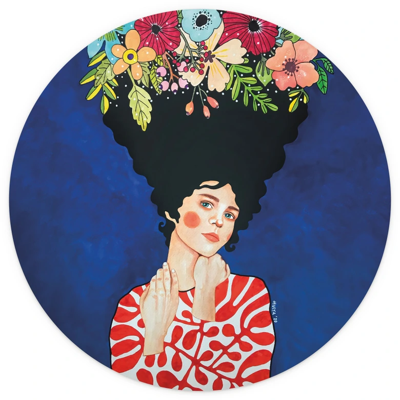 Wall Mural Woman with flowers in her hair - Hülya - Round - Self-adhesive/non-woven 