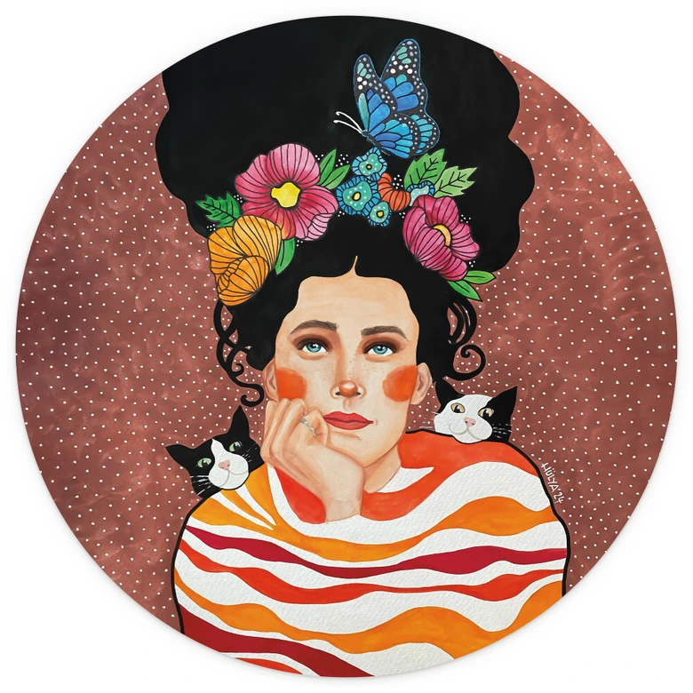 Papier peint photo femme avec couronne de fleurs et chats - Hülya - rond - adhésif/non tissé 