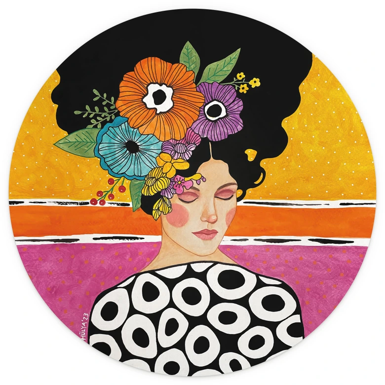 Wall Mural Woman with colorful flower crown - Hülya - Round - Self-adhesive/non-woven 