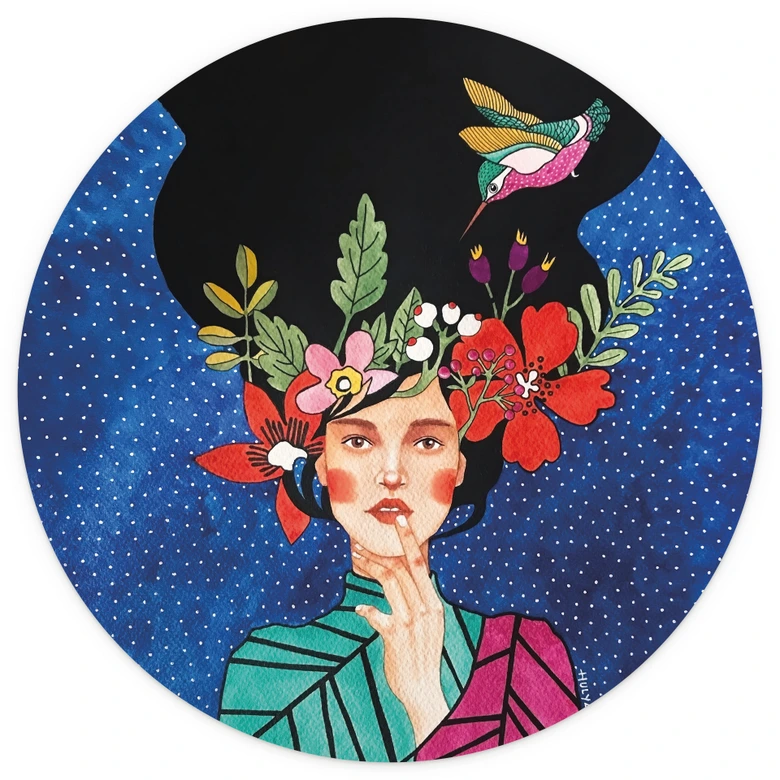 Fotobehang Vrouw met kolibrie in de sterrennacht - Hülya - Rond - Zelfklevend/niet-geweven 