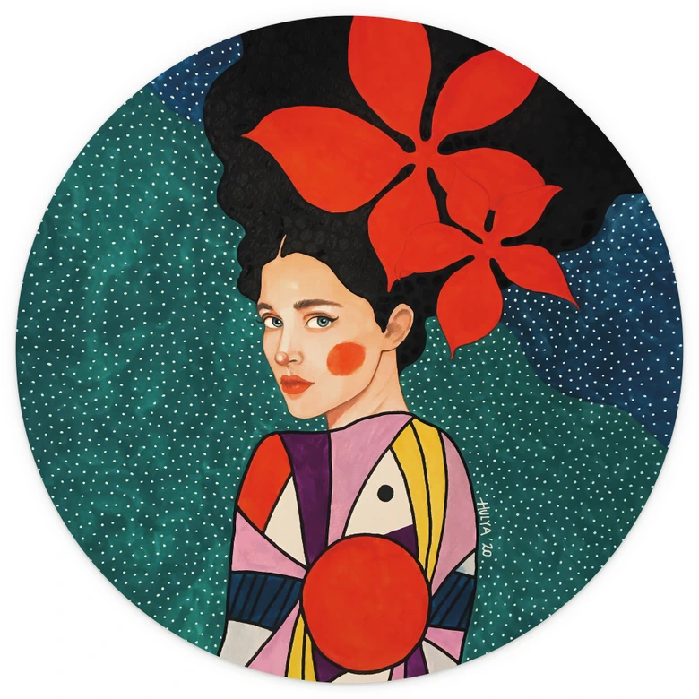 Wall Mural Woman with red flowers and patterned dress - Hülya - Round - Self-adhesive/non-woven 