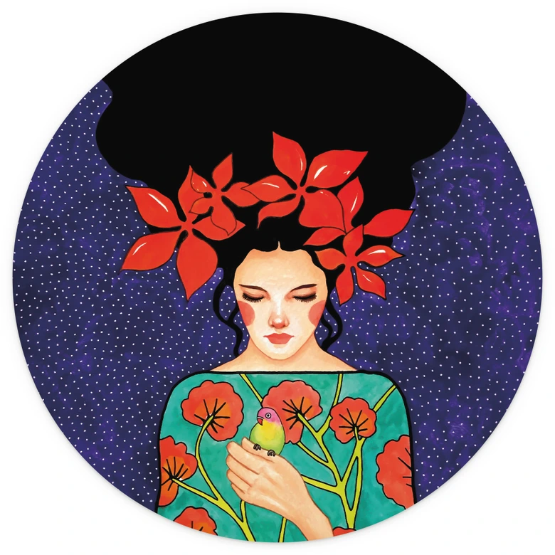 Fototapeta Kobieta z koroną kwiatową i ptakiem - Hülya - Okrągła - Samoprzylepna / nietkana 