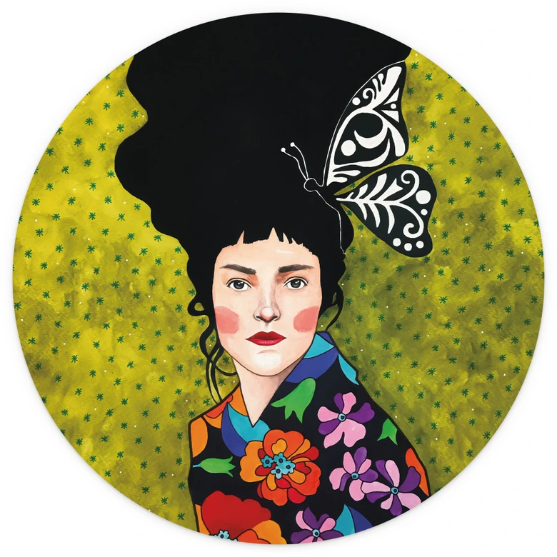 Fototapete Frau mit Schmetterling im Haar - Hülya - Rund - Selbstklebend/Vlies 