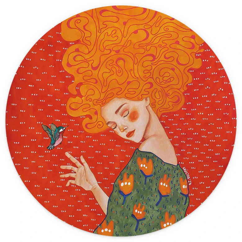 Wall Mural Hummingbird and woman in red light - Hülya - Round - Self-adhesive/non-woven 