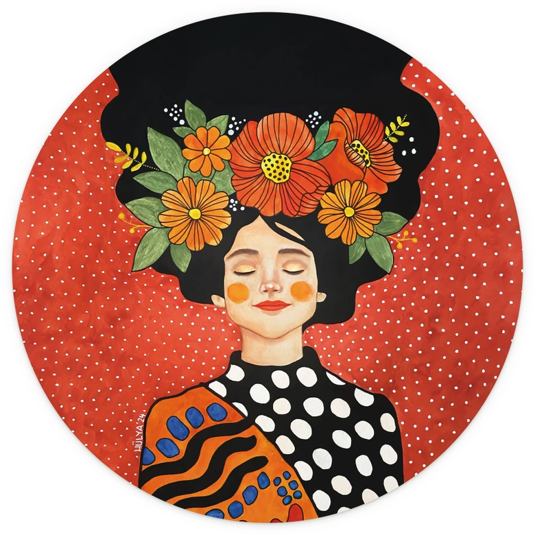 Smilende kvinde med orange blomster Fototapet - Hülya - Rund - Selvklæbende/ikke-vævet 