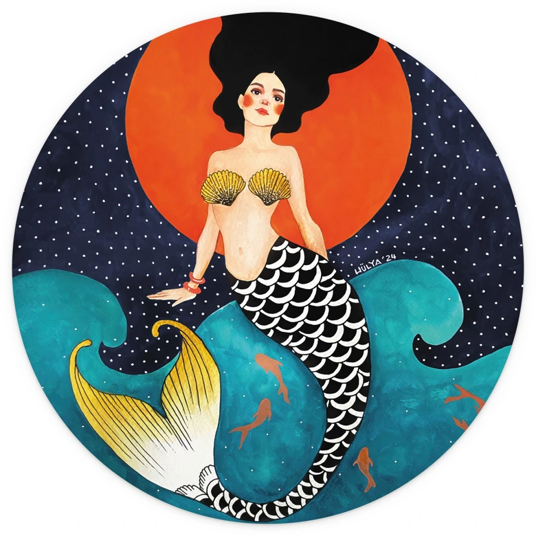 Maritime Fototapete Meerjungfrau im roten Mondlicht - Hülya - Rund - Selbstklebend/Vlies 