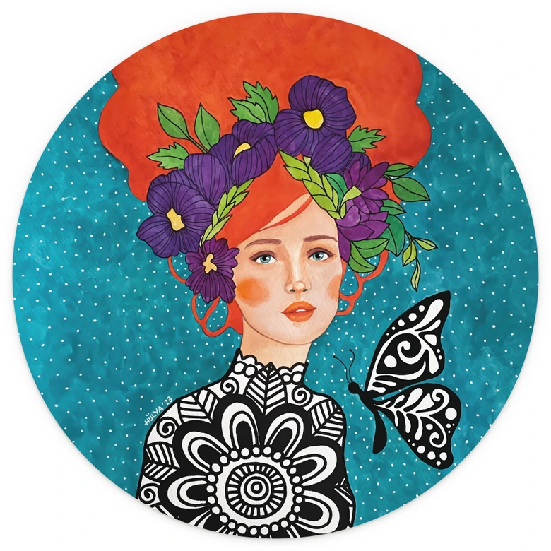 Wall Mural Butterfly woman with wreath of flowers - Hülya - Round - Self-adhesive/non-woven 
