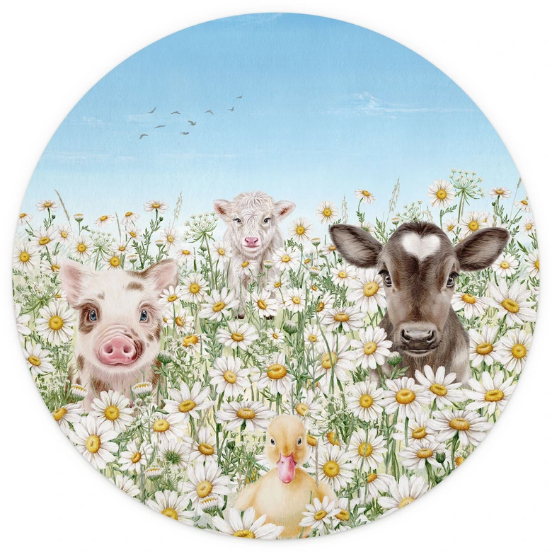Kinderzimmer Fototapete - Bauernhoftiere auf der Blumenwiese - Kikki Belle - Rund - Selbstklebend/Vlies 