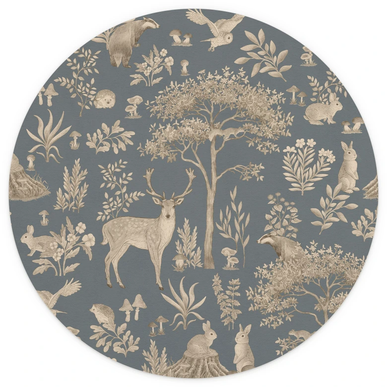 Papier peint photo Forêt enchantée avec animaux - bleu vintage - Kikki Belle - Rond - papier peint intissé/papier peint intissé autocollant 