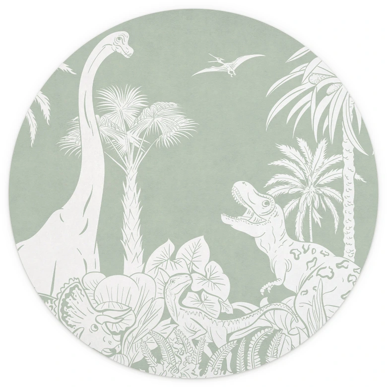 Papier peint photo Mondes préhistoriques verts - Dinosaures sous les palmiers - Kikki Belle - Rond - papier peint intissé/papier peint intissé autocollant 