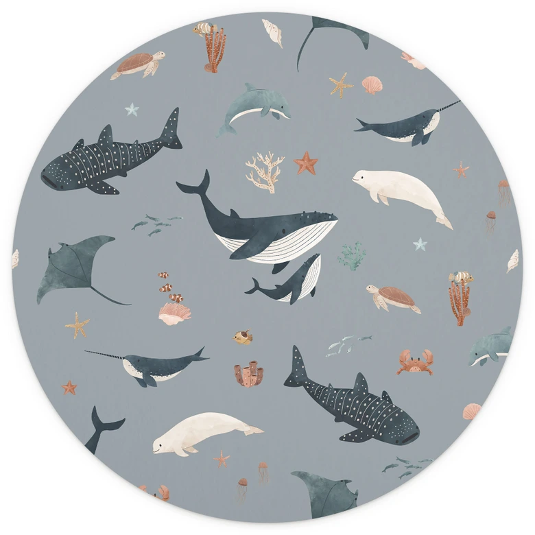Morski podwodny świat - Wieloryby i zwierzęta morskie - Fototapeta Kikki Belle - Okrągła - tapeta flizelinowa/tapeta flizelinowa samoprzylepna 