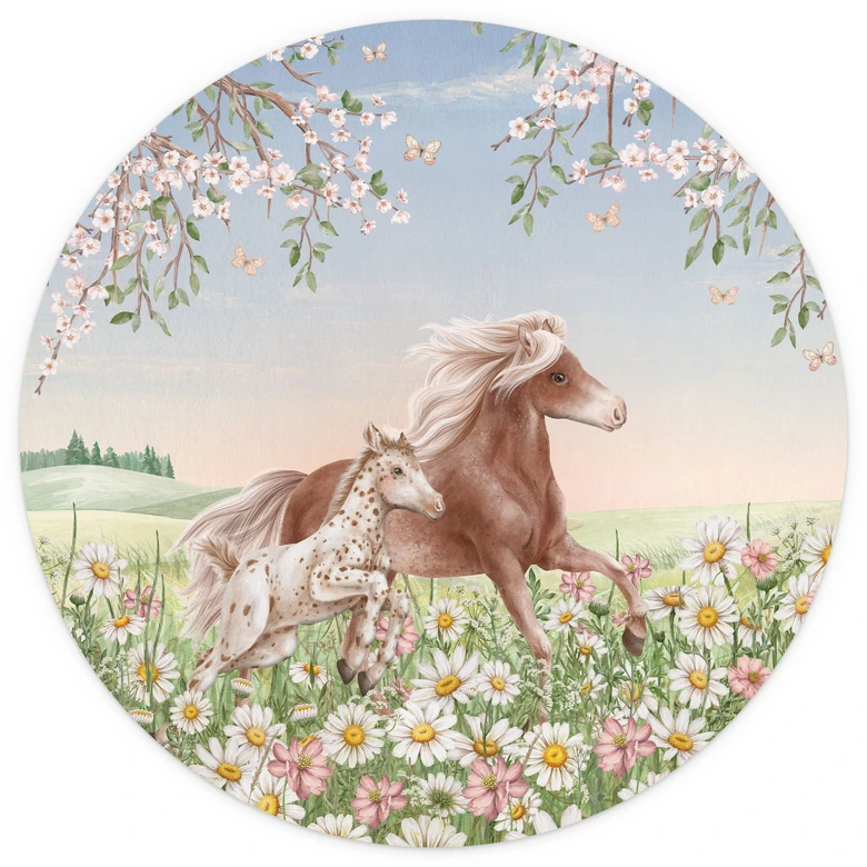 Fototapete Pferde auf der Blumenwiese | Kindertapete mit Pferdemotiv - Kikki Belle - Rund - Selbstklebend/Vlies 