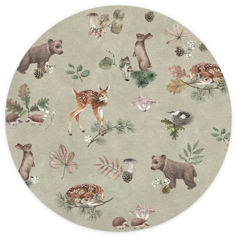 Fotomural de cervatillo y amigos del bosque - animales para niños - verde - Kikki Belle - Redondo - Papel pintado autoadhesivo/no tejido 