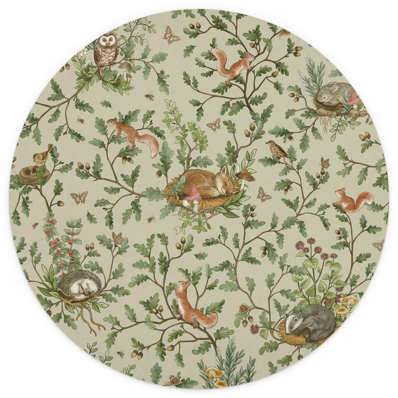 Kinderzimmer Fototapete Schlafende Waldtiere auf Zweigen - Kikki Belle - Rund - Selbstklebend/Vlies 