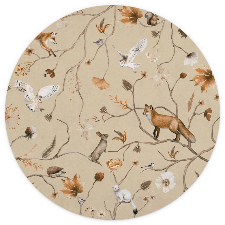 Children's room Wall Mural Playful forest animals on branches - Kikki Belle - Round - Self-adhesive/non-woven 