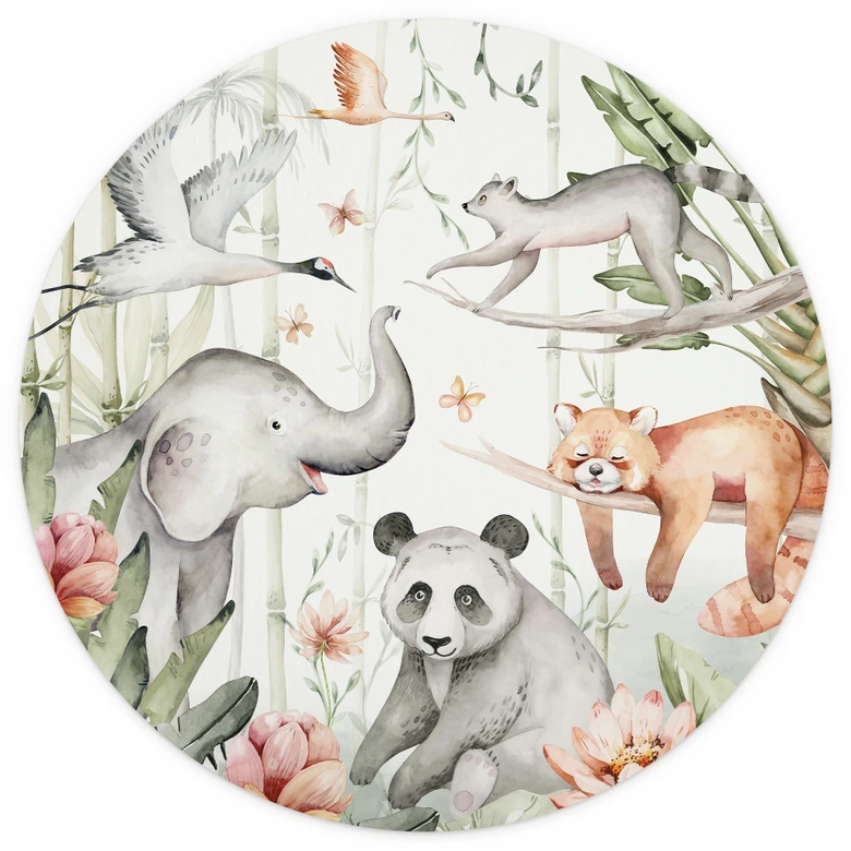 Behangcirkel Aziatische dieren in het bamboebos - Kvilis - vliesbehang/zelfklevend vliesbehang 