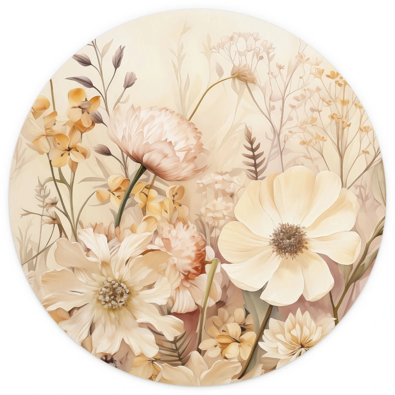 Vintage Bloemenpracht in de Weide | Bloemenbehang - Lola Peacock - Rond - vliesbehang/zelfklevend vliesbehang 