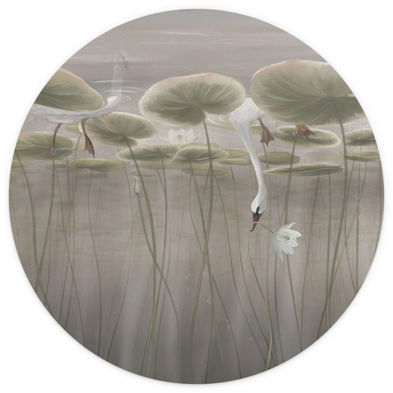 Lotusbloemen met zwaan in het water in grijs - Ms Tiff - Rond - Zelfklevend/niet-geweven 